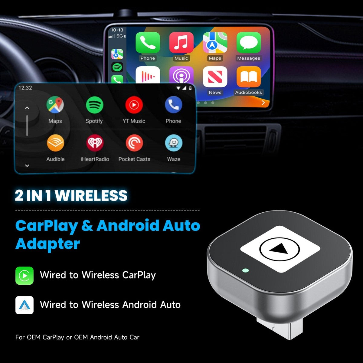 2-in-1 Wireless CarPlay & Android Auto Adapter (Plug & Play USB Dongle)