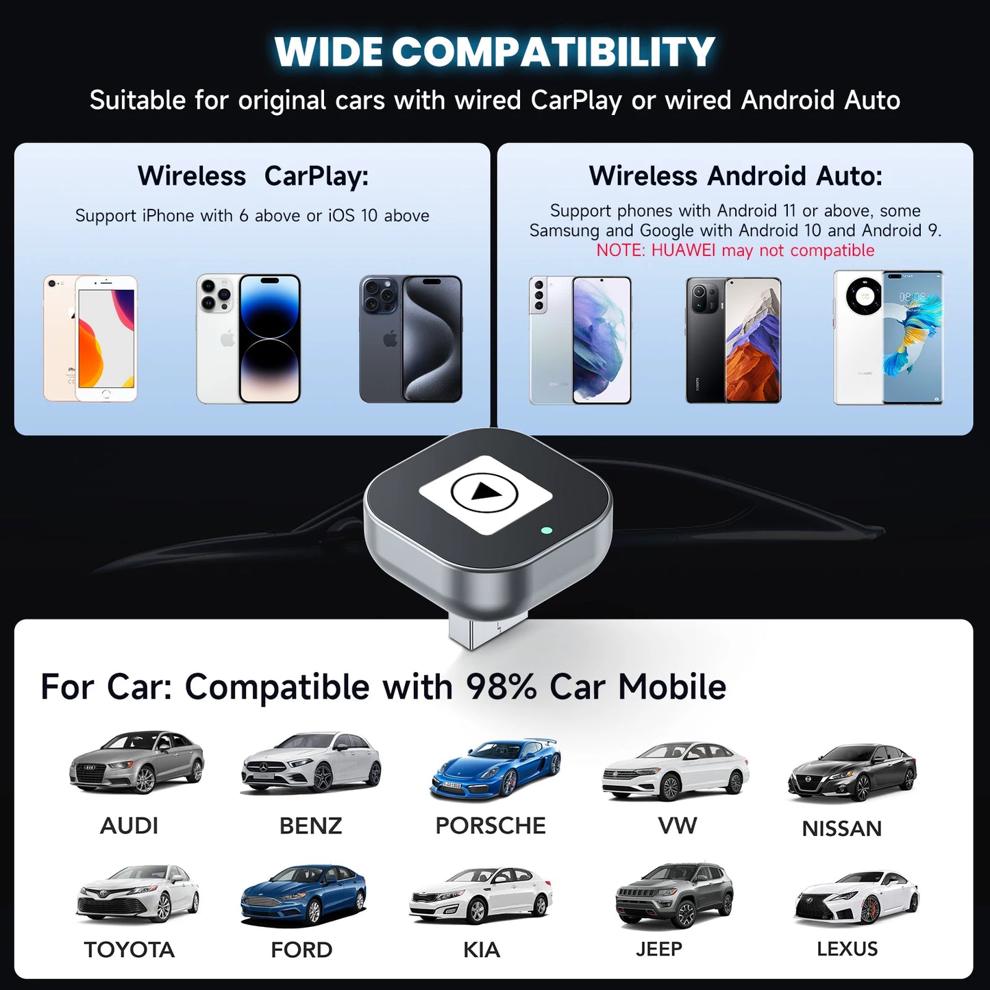 2-in-1 Wireless CarPlay & Android Auto Adapter (Plug & Play USB Dongle)